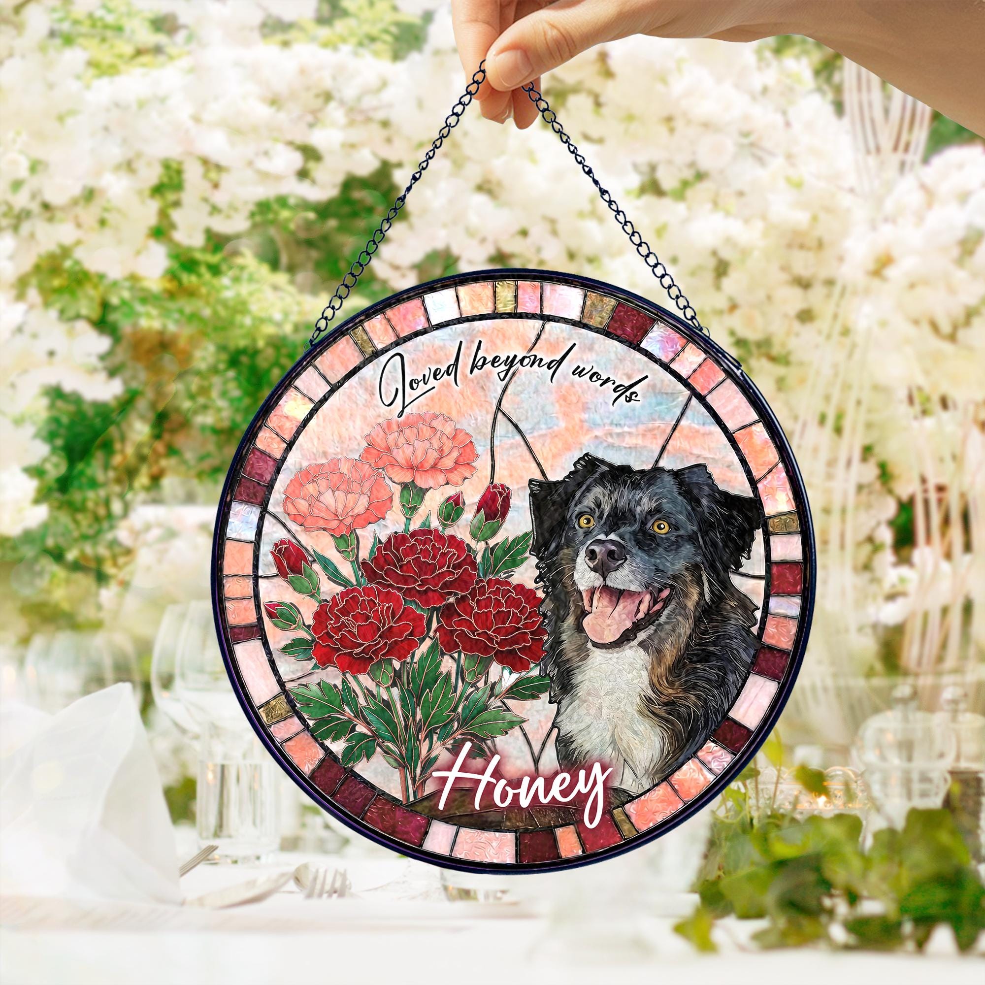 Custom Dog Portrait Stained Glass Suncatcher, Birth Month Flower Pet Memorial Gift, Personalized Dog Cat Photo, Floral Pet Window Hangings