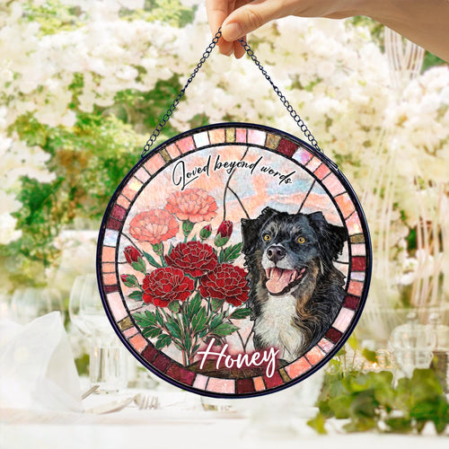 Custom Dog Portrait Stained Glass Suncatcher, Birth Month Flower Pet Memorial Gift, Personalized Dog Cat Photo, Floral Pet Window Hangings