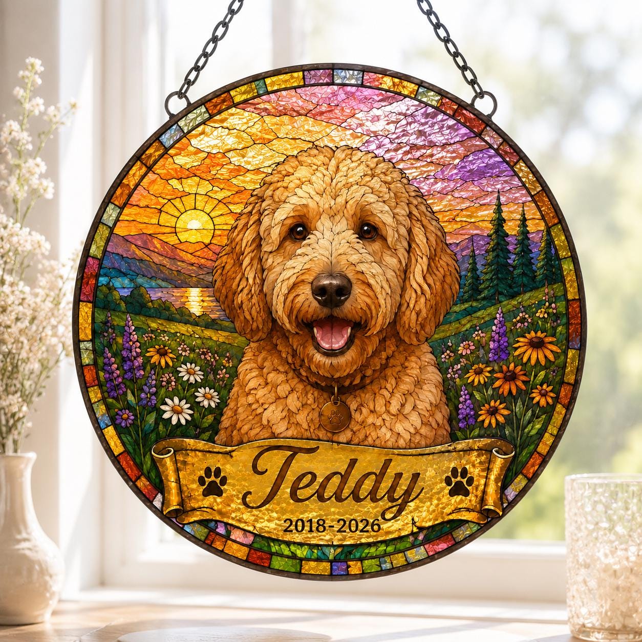 Personalized Pet Portrait Stained Glass Suncatcher, Custom Pet Memorial Stained Glass Photo Suncatcher, Dog Cat Loss Keepsake, Pet Loss Gift