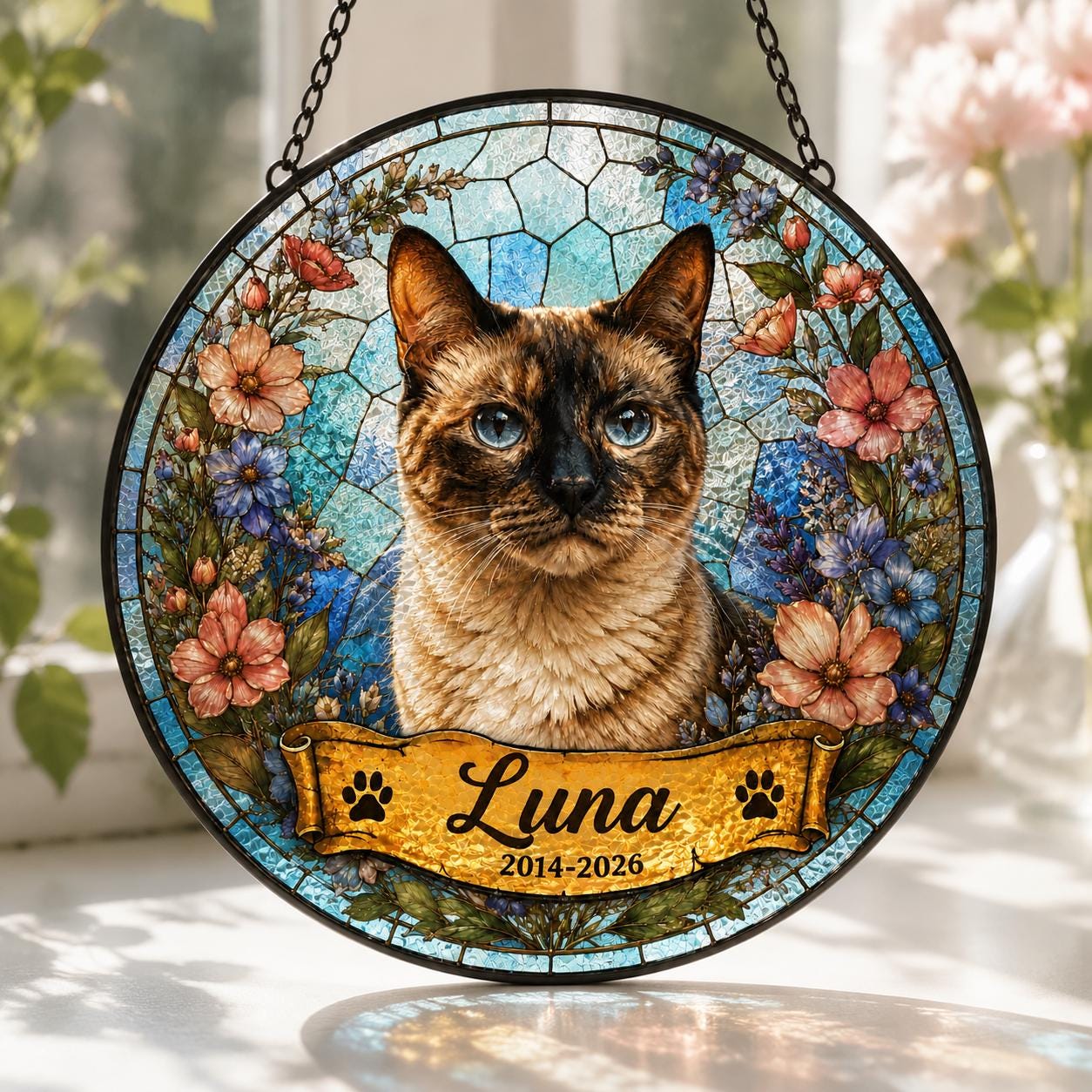 Personalized Pet Portrait Stained Glass Suncatcher, Custom Pet Memorial Stained Glass Photo Suncatcher, Dog Cat Loss Keepsake, Pet Loss Gift