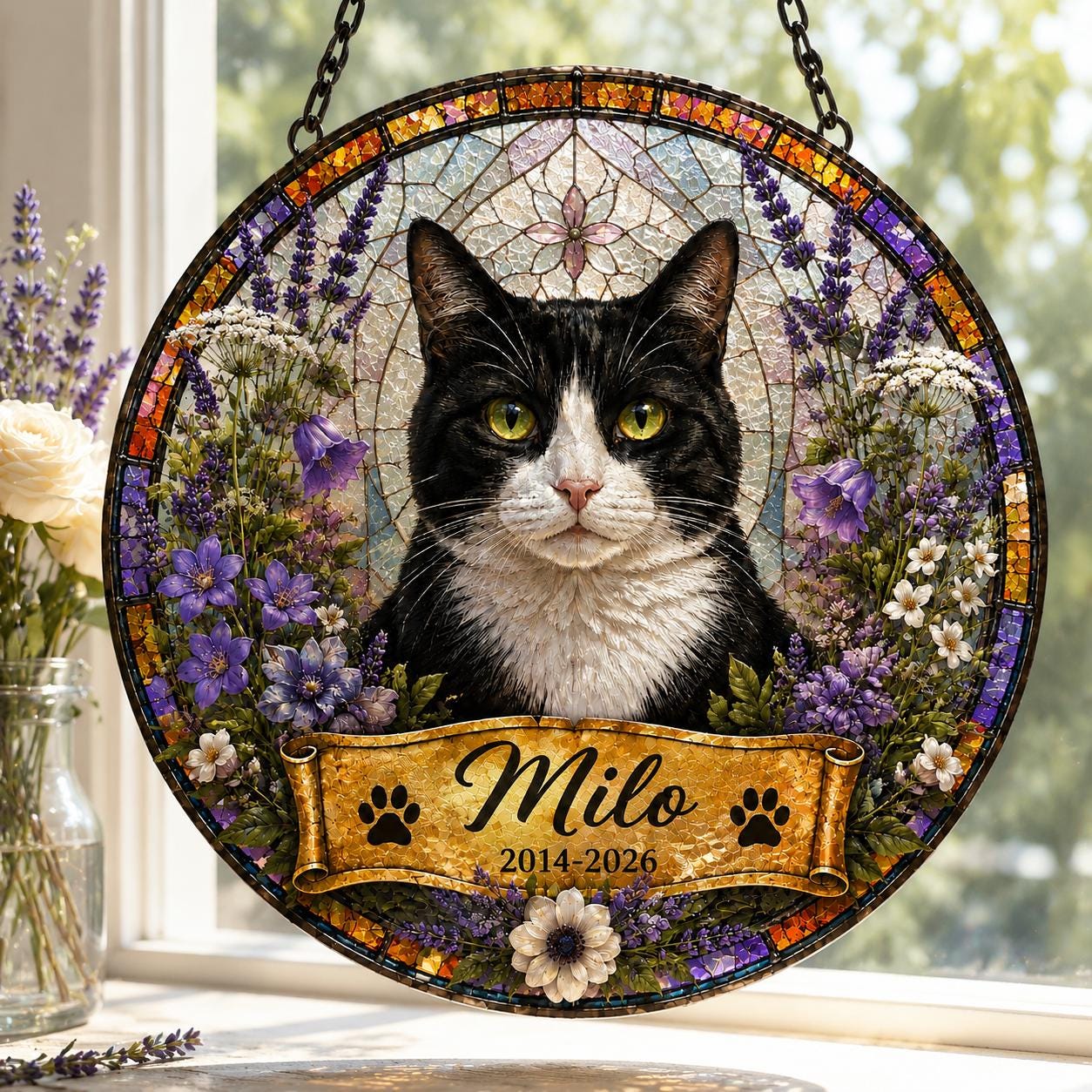 Personalized Pet Portrait Stained Glass Suncatcher, Custom Pet Memorial Stained Glass Photo Suncatcher, Dog Cat Loss Keepsake, Pet Loss Gift
