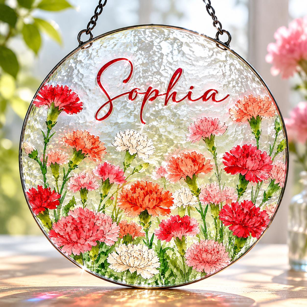 Custom Birth Flower Stained Glass Suncatcher, Personalized Floral Window Hanging, Handmade Glass Art Gift for Mom, Mother’s Day Decor