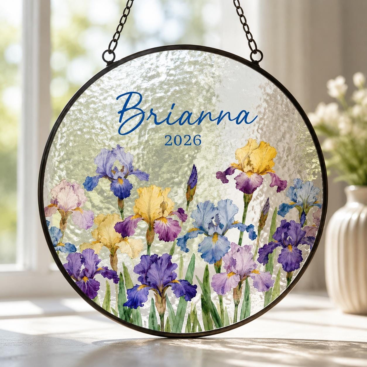 Custom Birth Flower Stained Glass Suncatcher, Personalized Floral Window Hanging, Handmade Glass Art Gift for Mom, Mother’s Day Decor