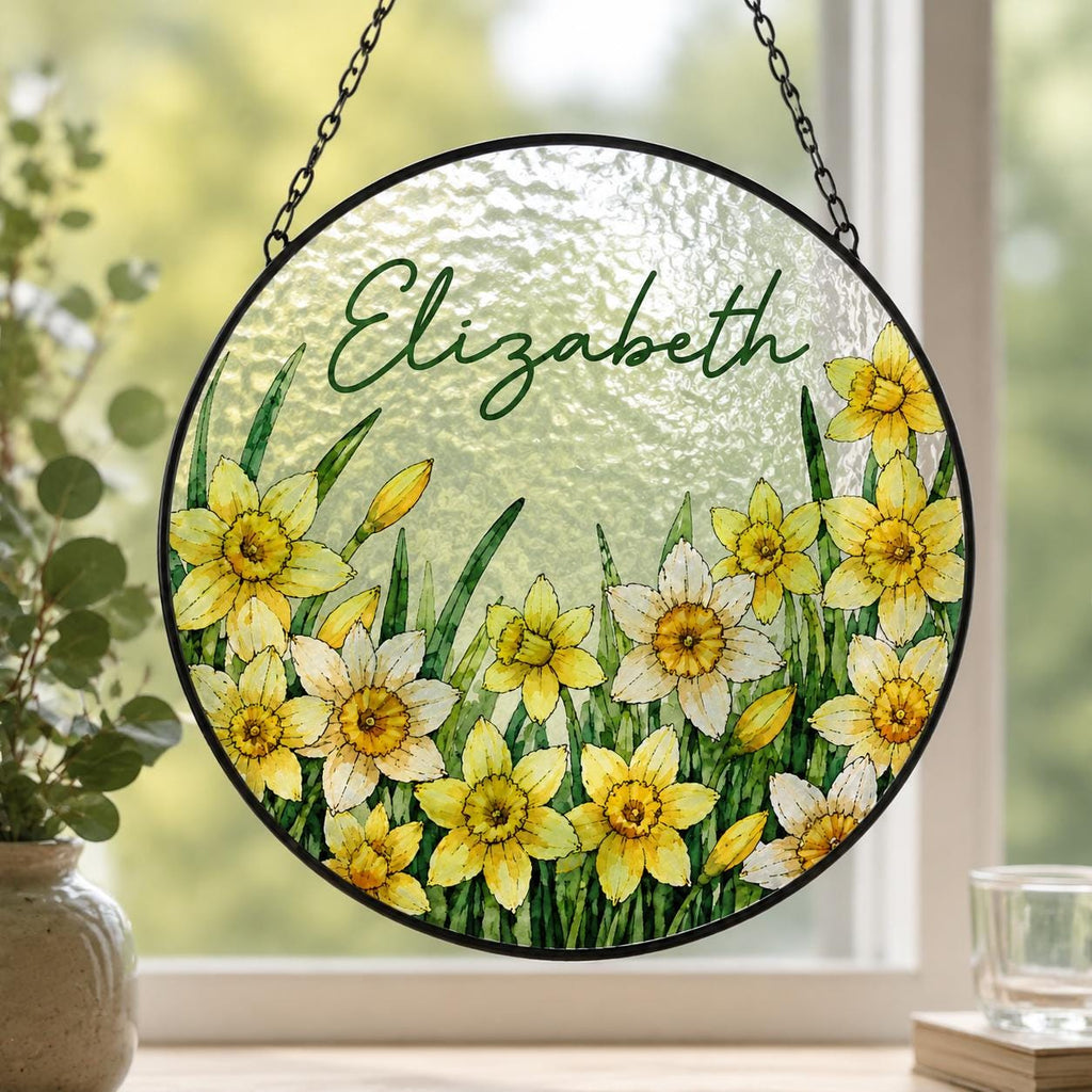 Custom Birth Flower Stained Glass Suncatcher, Personalized Floral Window Hanging, Handmade Glass Art Gift for Mom, Mother’s Day Decor