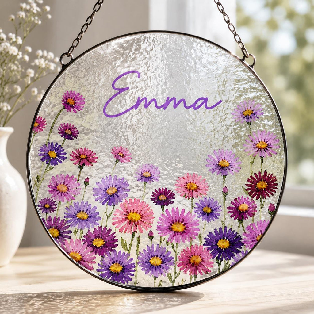 Custom Birth Flower Stained Glass Suncatcher, Personalized Floral Window Hanging, Handmade Glass Art Gift for Mom, Mother’s Day Decor