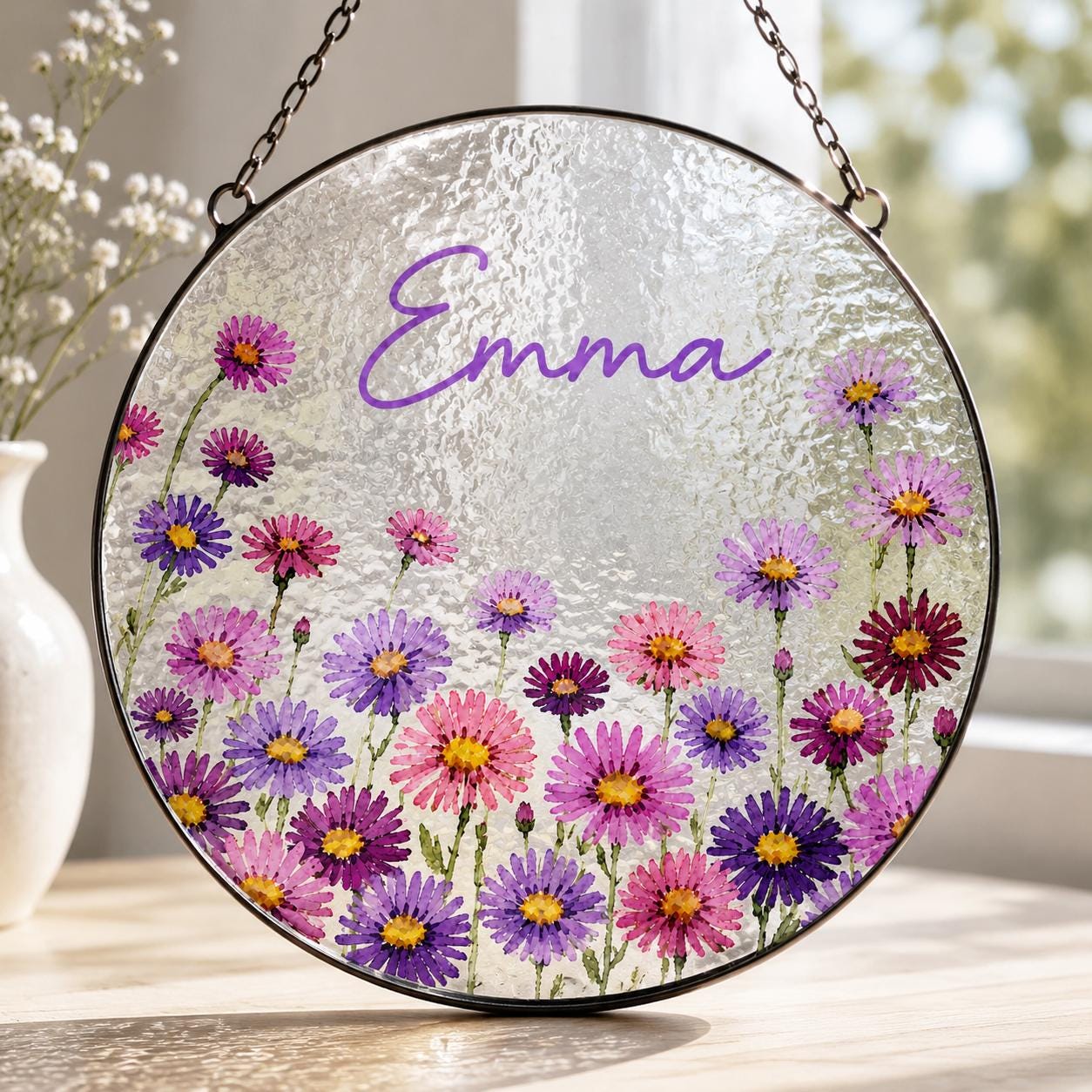 Custom Birth Flower Stained Glass Suncatcher, Personalized Floral Window Hanging, Handmade Glass Art Gift for Mom, Mother’s Day Decor
