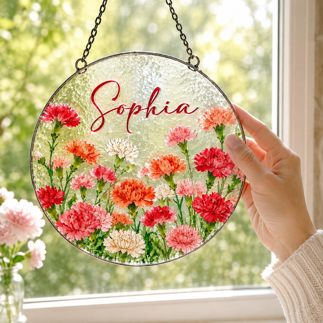Custom Birth Flower Stained Glass Suncatcher, Personalized Floral Window Hanging, Handmade Glass Art Gift for Mom, Mother’s Day Decor