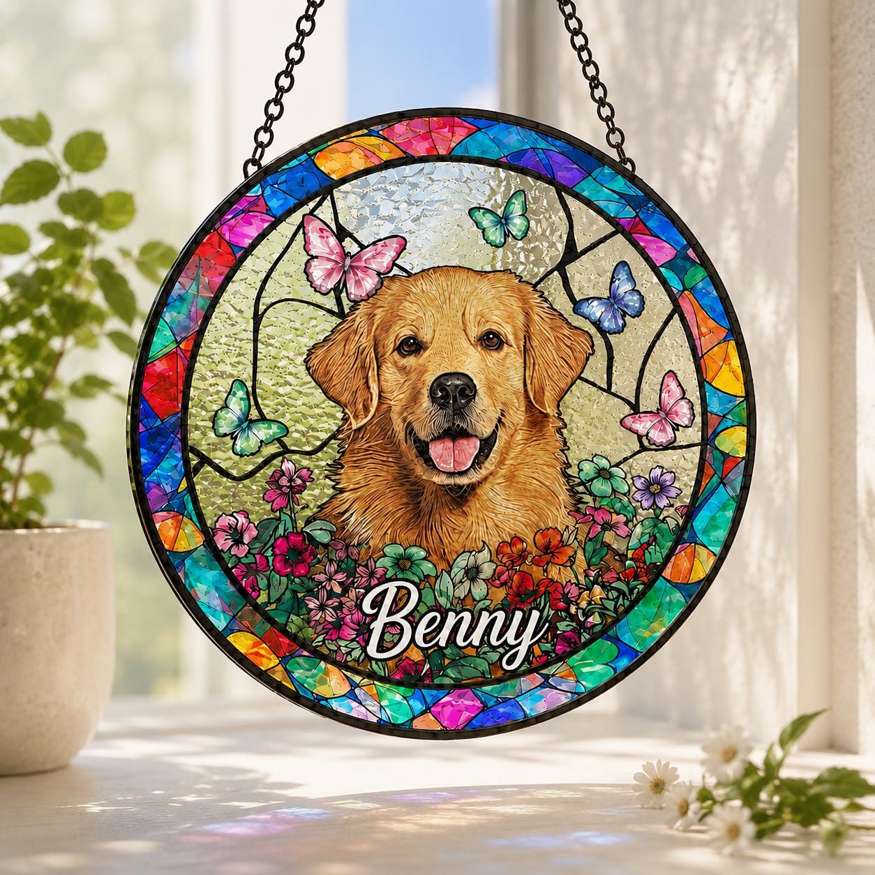 Personalized Dog Portrait Stained Glass Suncatcher, Custom Pet Memorial Stained Glass Photo Suncatcher, Dog Loss Keepsake, Pet Loss Gift
