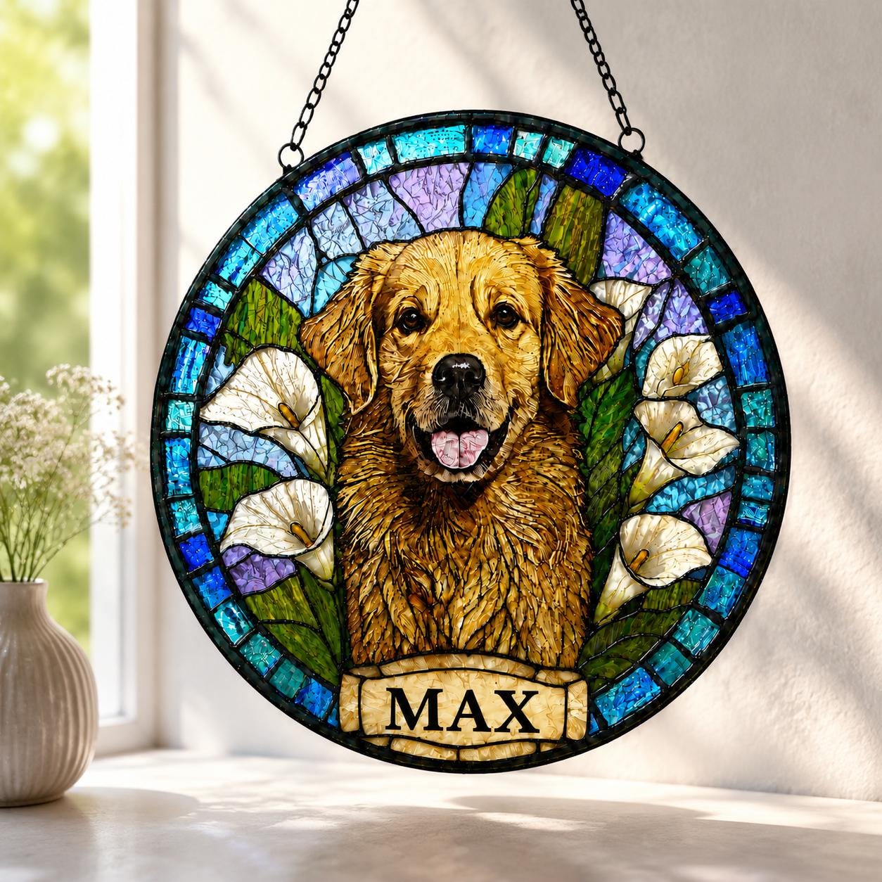 Custom Dog Portrait Stained Glass Suncatcher, Pet Memorial Stained Glass Photo Suncatcher, Dog Memorial Gift, Dog Loss, Pet Loss Gift