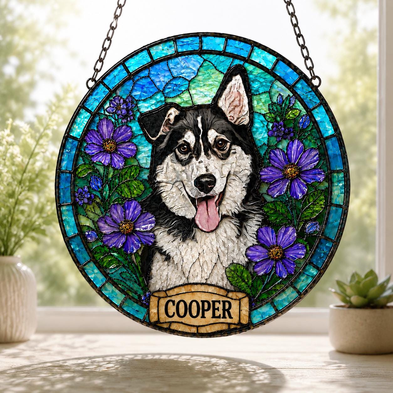 Custom Dog Portrait Stained Glass Suncatcher, Pet Memorial Stained Glass Photo Suncatcher, Dog Memorial Gift, Dog Loss, Pet Loss Gift