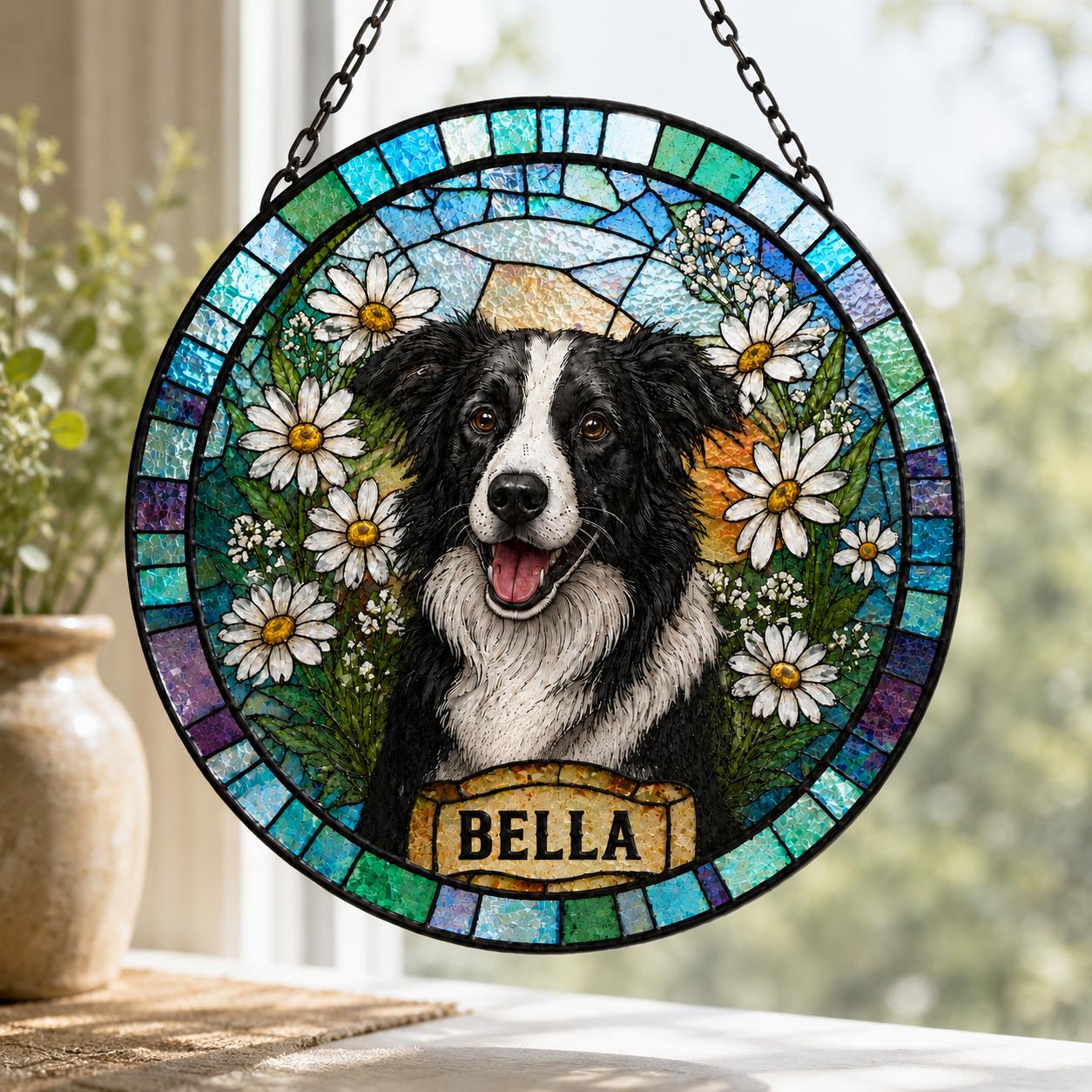 Personalized Pet Portrait Stained Glass Suncatcher, Custom Dog Portrait from Photo, Dog Portrait Art Suncatcher, Stained Glass Dog Memorial