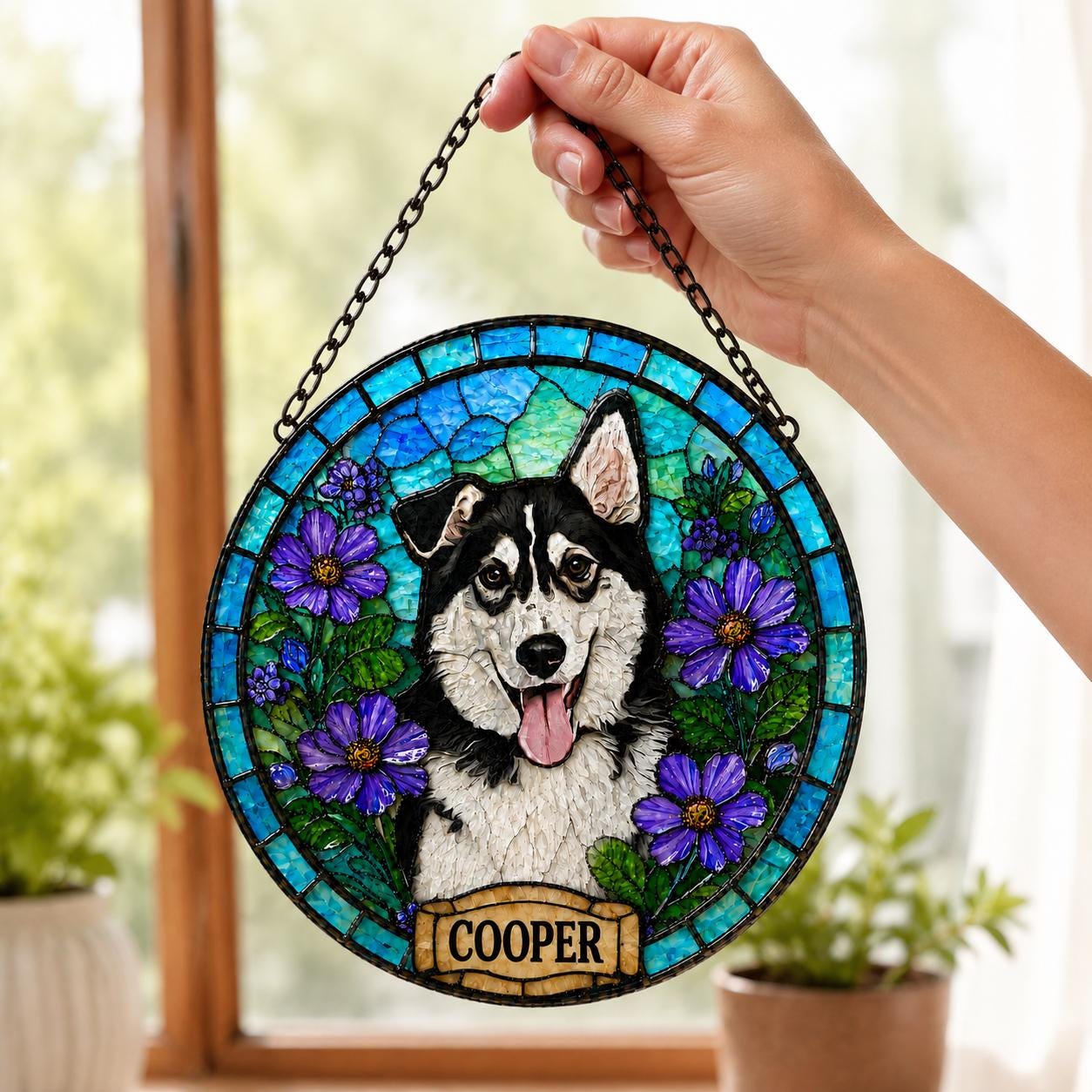 Custom Dog Portrait Stained Glass Suncatcher, Pet Memorial Stained Glass Photo Suncatcher, Dog Memorial Gift, Dog Loss, Pet Loss Gift