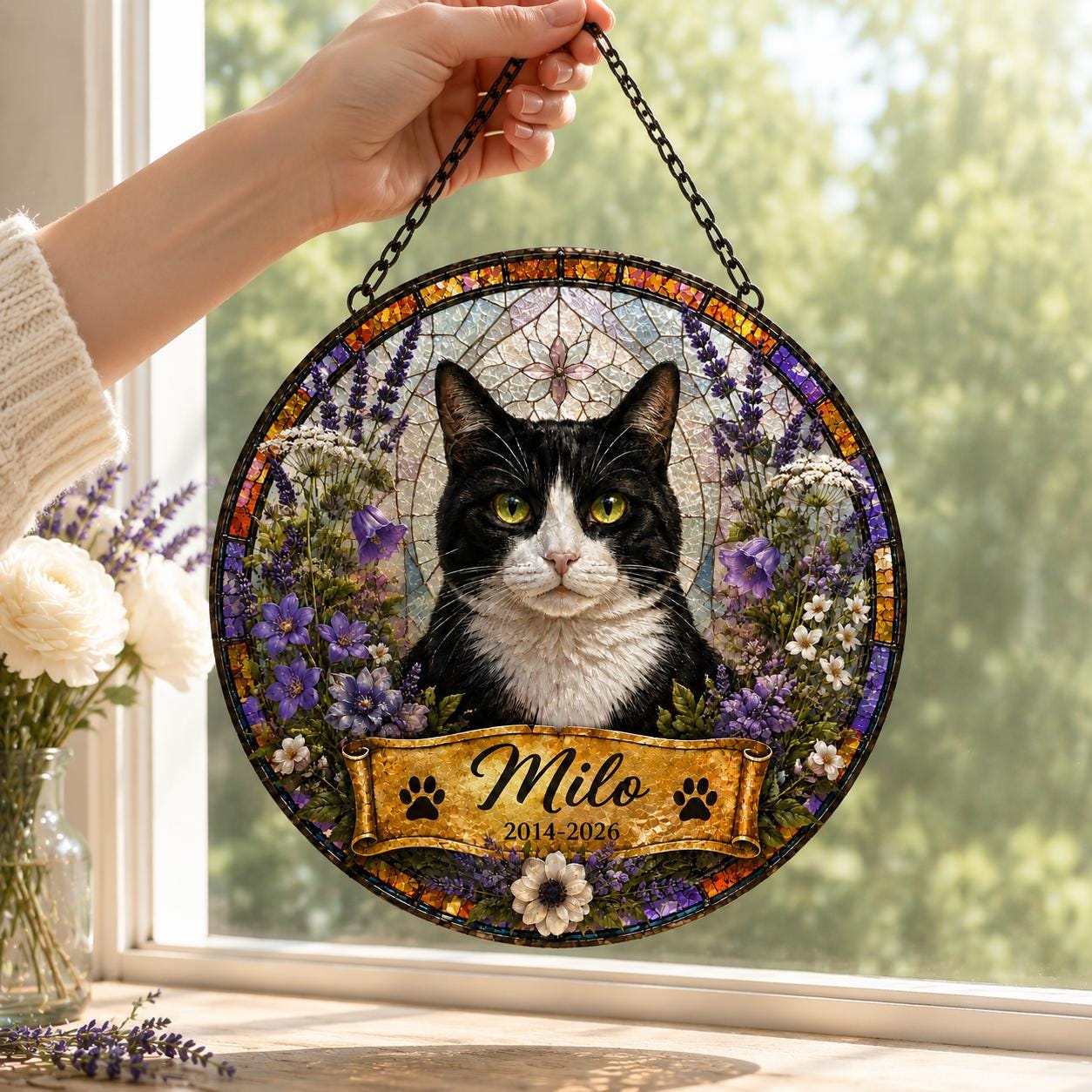 Personalized Pet Portrait Stained Glass Suncatcher, Custom Pet Memorial Stained Glass Photo Suncatcher, Dog Cat Loss Keepsake, Pet Loss Gift