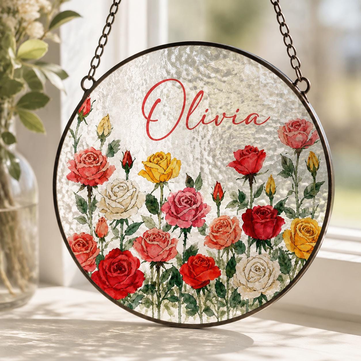 Custom Birth Flower Stained Glass Suncatcher, Personalized Floral Window Hanging, Handmade Glass Art Gift for Mom, Mother’s Day Decor