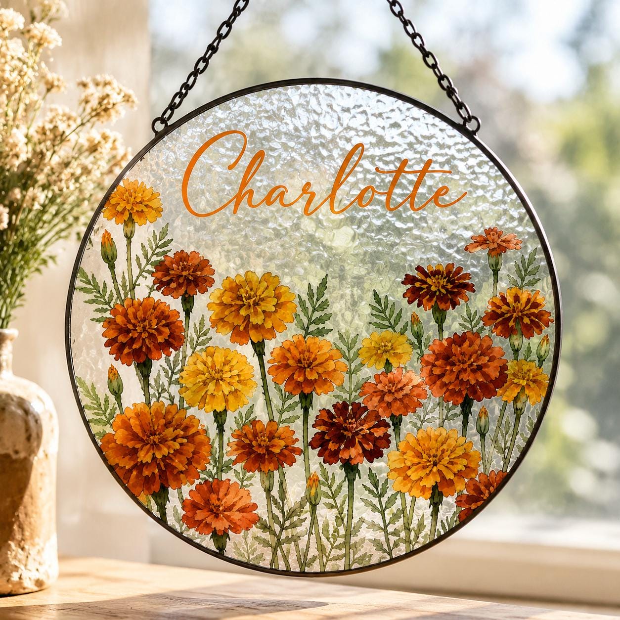 Custom Birth Flower Stained Glass Suncatcher, Personalized Floral Window Hanging, Handmade Glass Art Gift for Mom, Mother’s Day Decor