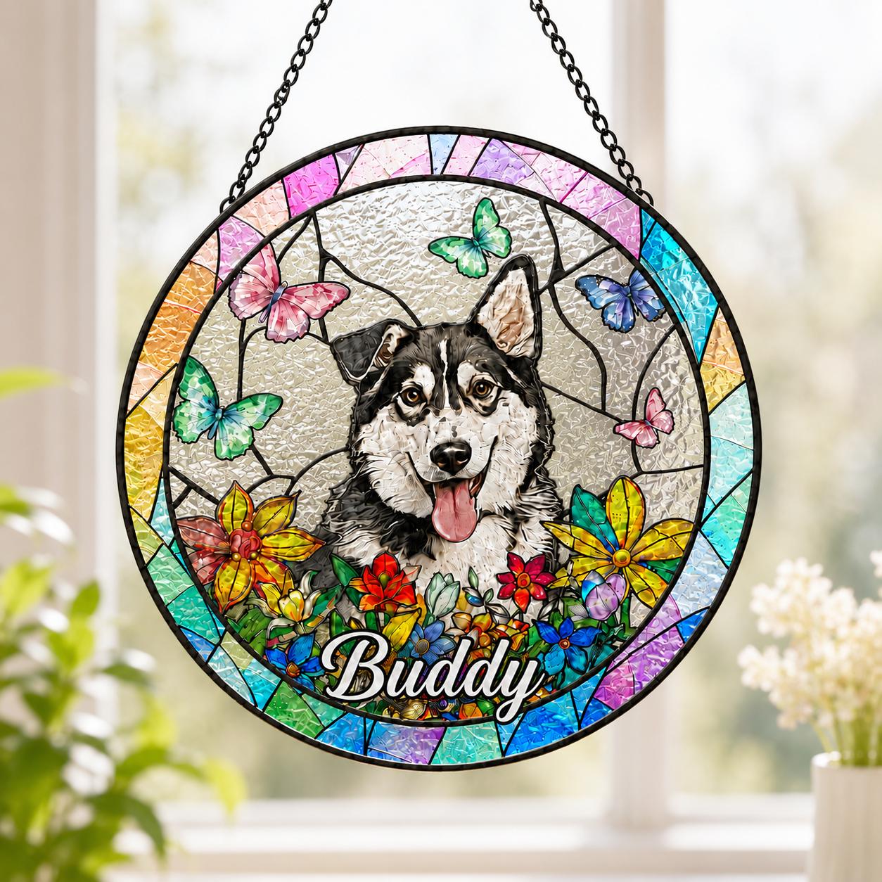 Personalized Pet Portrait Glass Suncatcher, Pet Memorial Gift, Dog Portrait From Photo Suncatcher, Loss Of Pet Gift, Pet Sympathy Gift