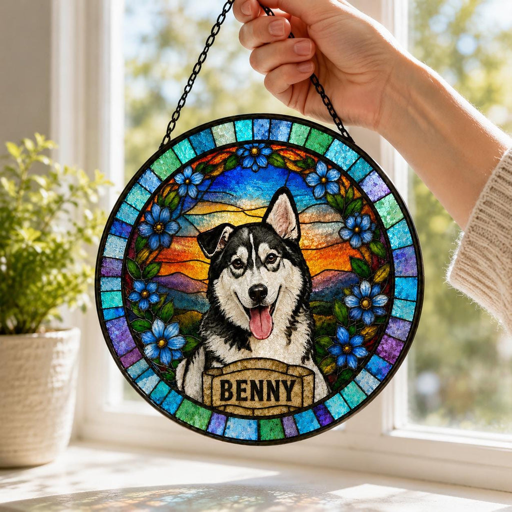 Custom Pet Portrait Stained Glass Suncatche, Dog SunCatcher Memorial, Dog Portrait Art Suncatcher, Personalized Pet Portrait