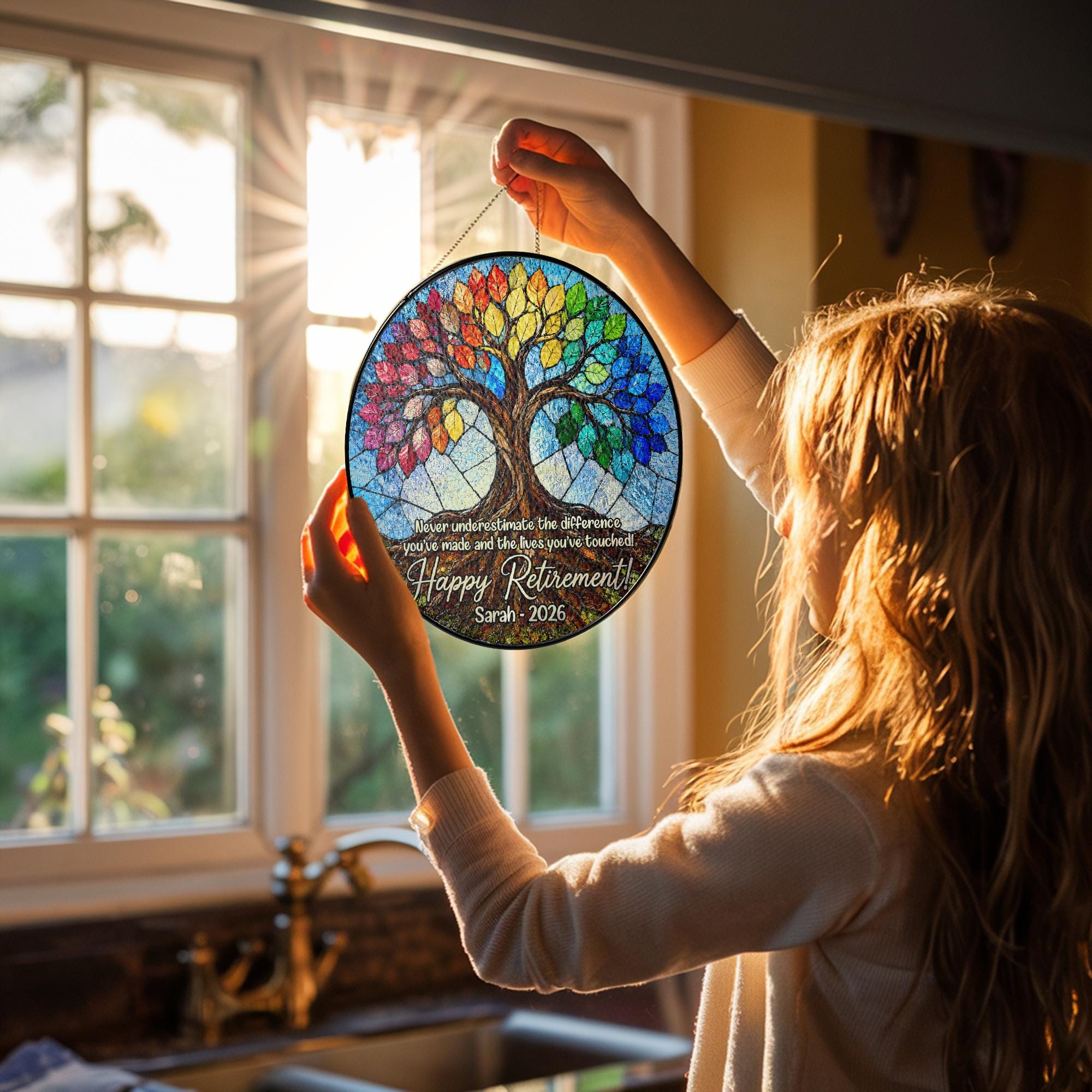 Customized Stained Glass Retirement Suncatcher, Personalized Floral Window Decor, Keepsake for Retired Coworker