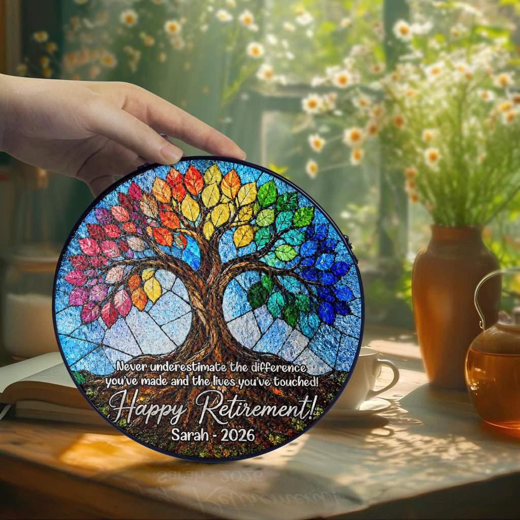 Customized Stained Glass Retirement Suncatcher, Personalized Floral Window Decor, Keepsake for Retired Coworker