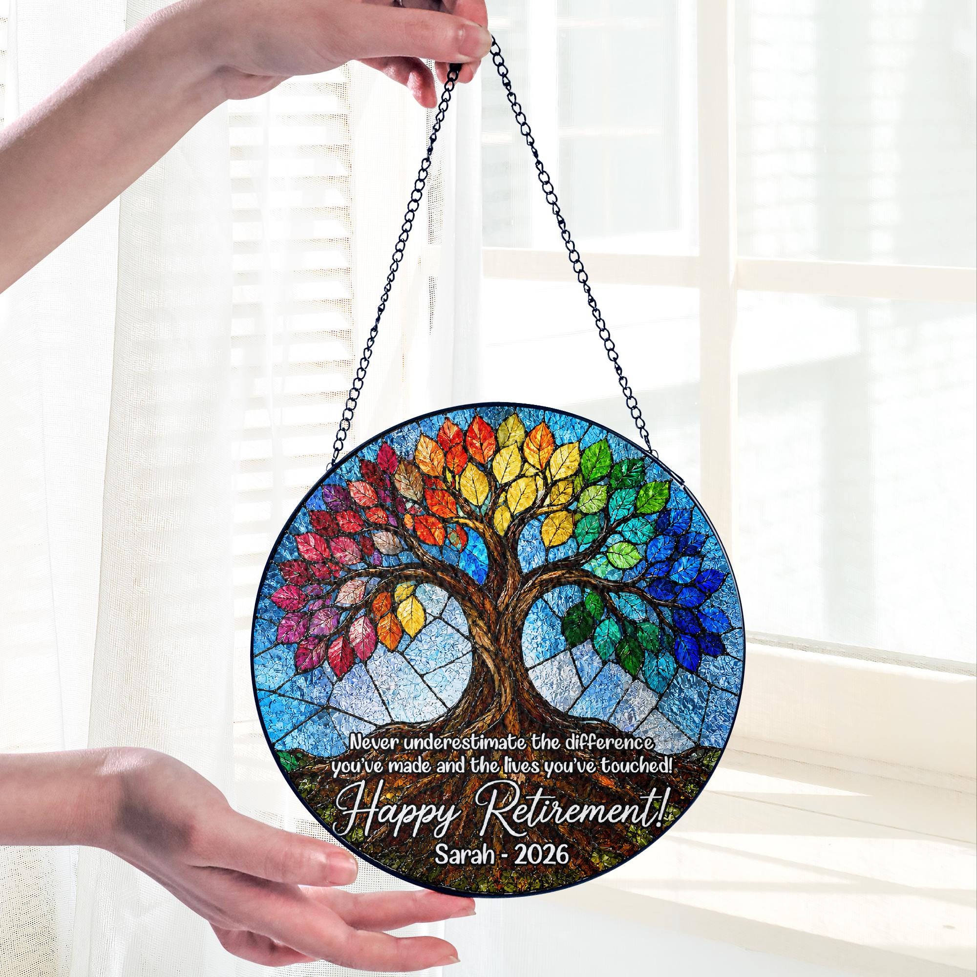 Customized Stained Glass Retirement Suncatcher, Personalized Floral Window Decor, Keepsake for Retired Coworker