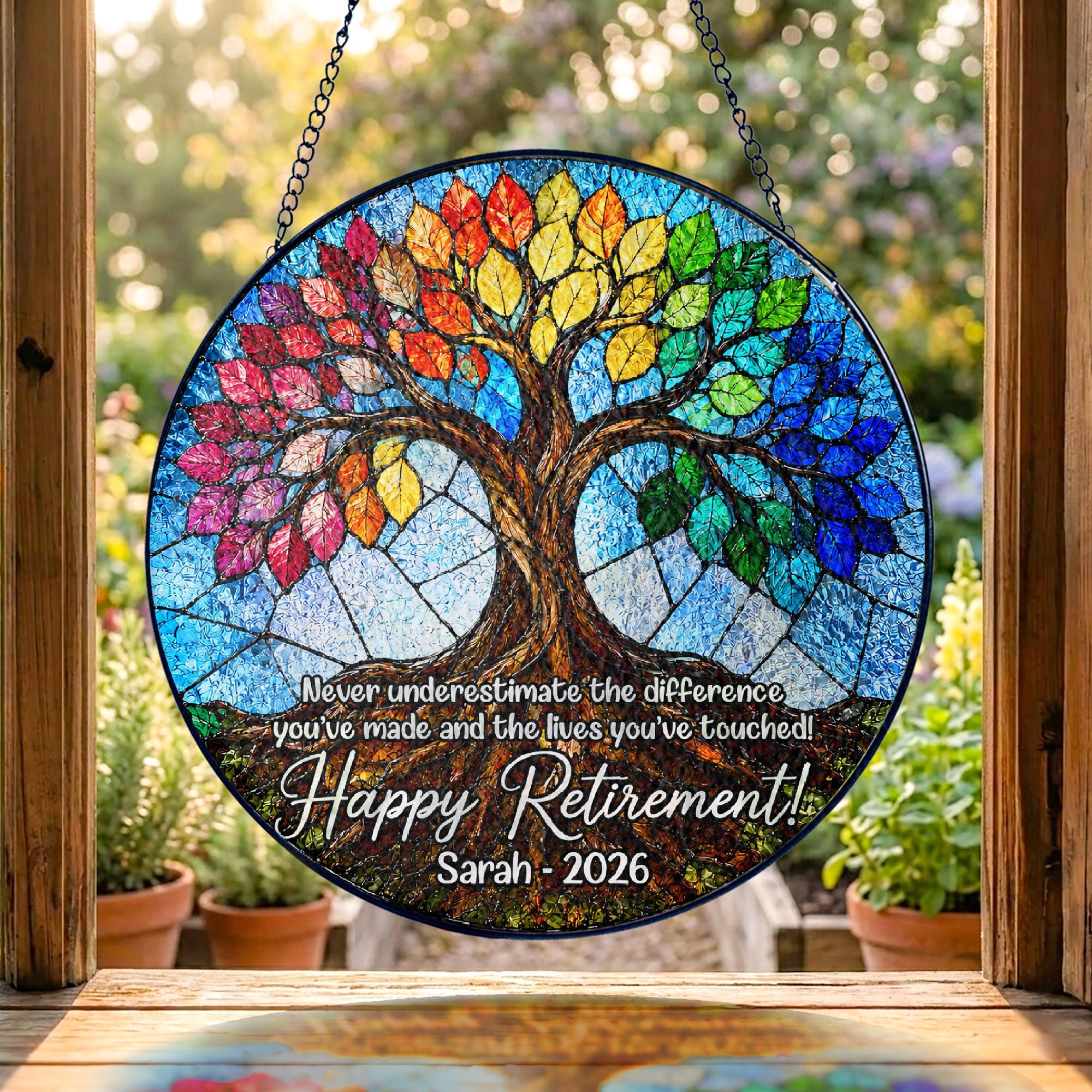 Customized Stained Glass Retirement Suncatcher, Personalized Floral Window Decor, Keepsake for Retired Coworker