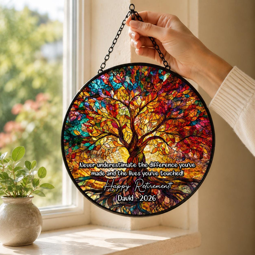 Tree of Life Retired Glass Suncatcher, Personalized Retirement Gift 2025, Farewell Gift for Teacher, Nurse, Coworker, Retirement Keepsake