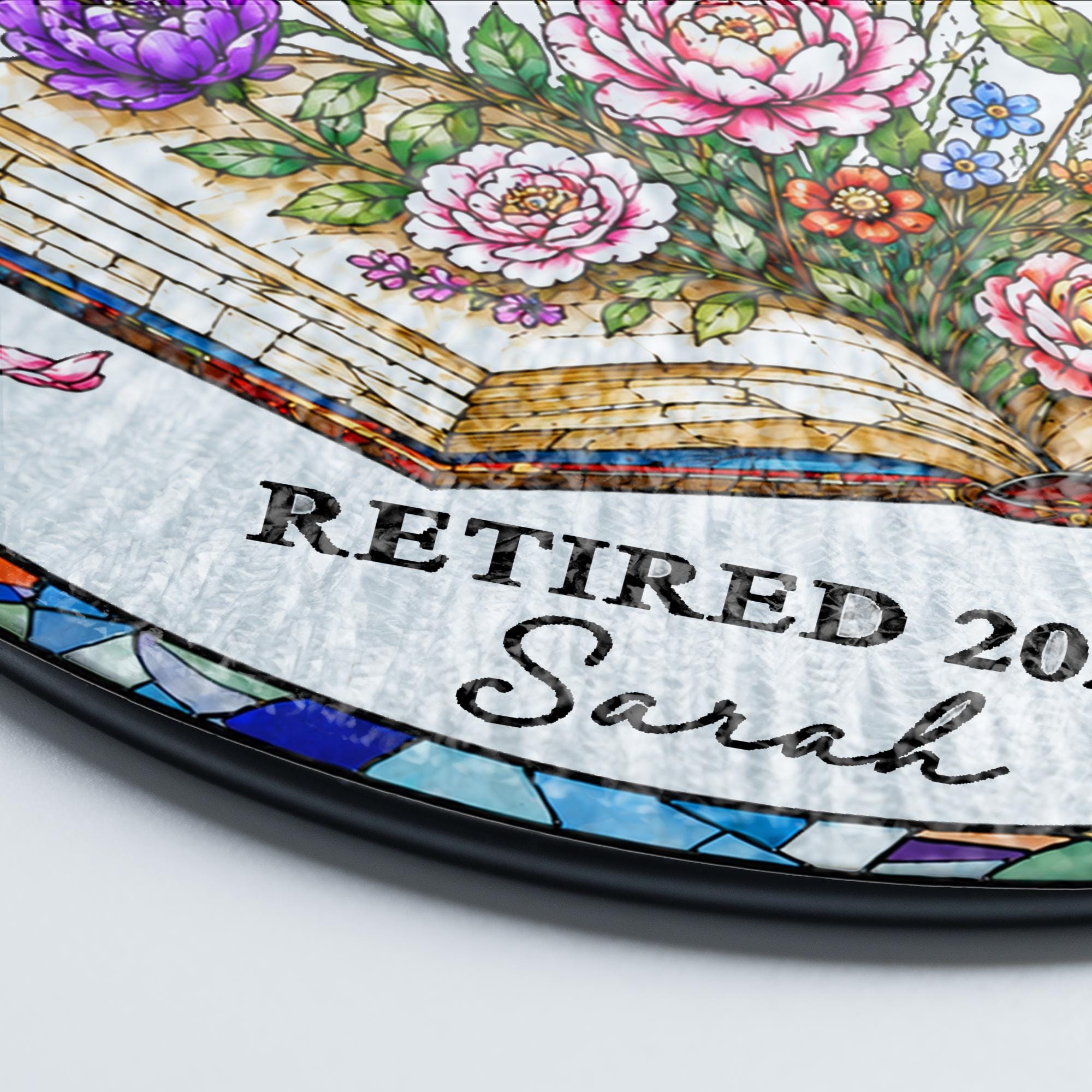 Personalized Retirement Stained Glass Suncatcher, Floral Book Retirement Gift, Retirement Keepsake, Teacher Gifts, Gift for Coworkers
