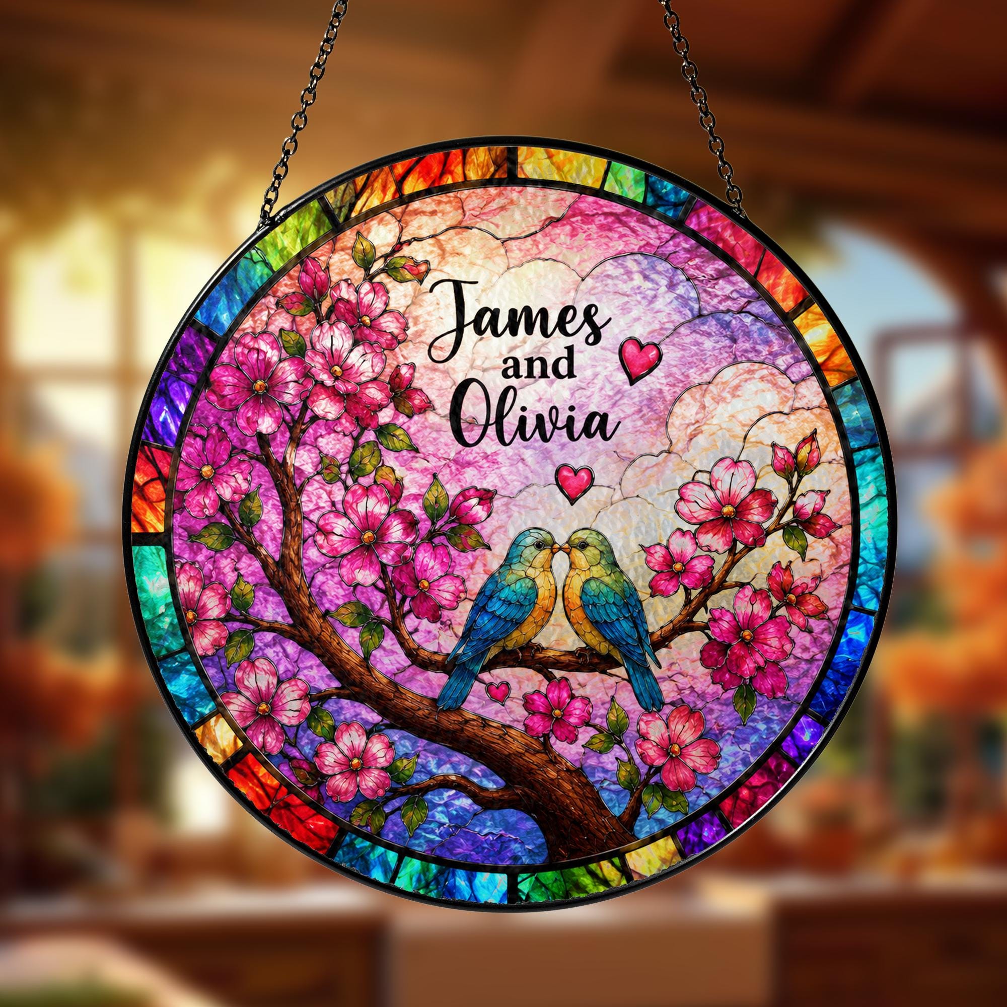 Personalized Couple Tree Heart Stained Glass Suncatcher, Custom Name Window Hanging Gift for Anniversary, Wedding or Valentine's Day