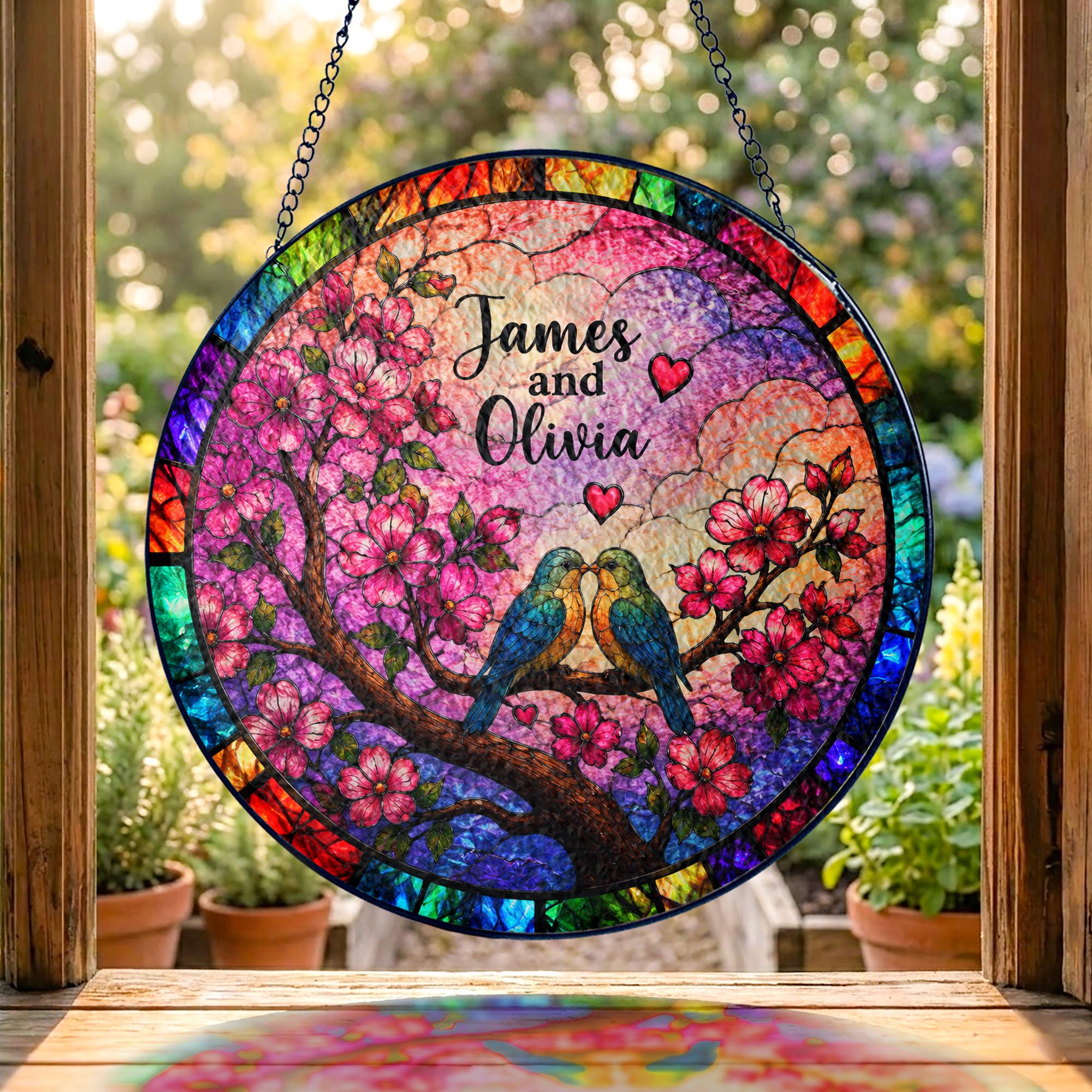 Personalized Couple Tree Heart Stained Glass Suncatcher, Custom Name Window Hanging Gift for Anniversary, Wedding or Valentine's Day