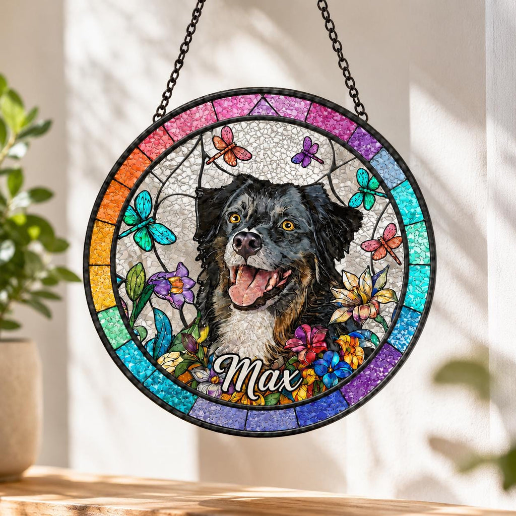 Personalized Dog Portrait Stained Glass Suncatcher, Custom Pet Memorial Stained Glass Photo Suncatcher, Dog Loss Keepsake, Pet Loss Gift