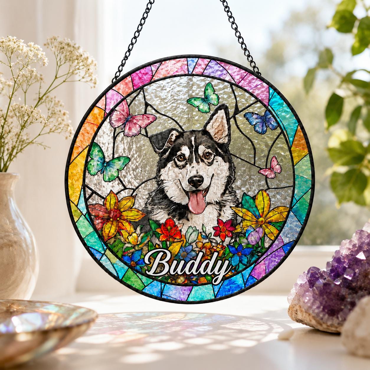 Personalized Dog Portrait Stained Glass Suncatcher, Custom Pet Memorial Stained Glass Photo Suncatcher, Dog Loss Keepsake, Pet Loss Gift