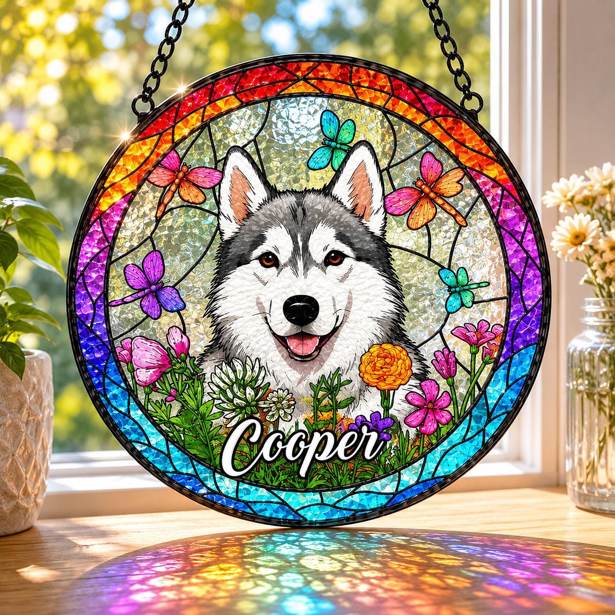 Personalized Dog Portrait Stained Glass Suncatcher, Custom Pet Memorial Stained Glass Photo Suncatcher, Dog Loss Keepsake, Pet Loss Gift