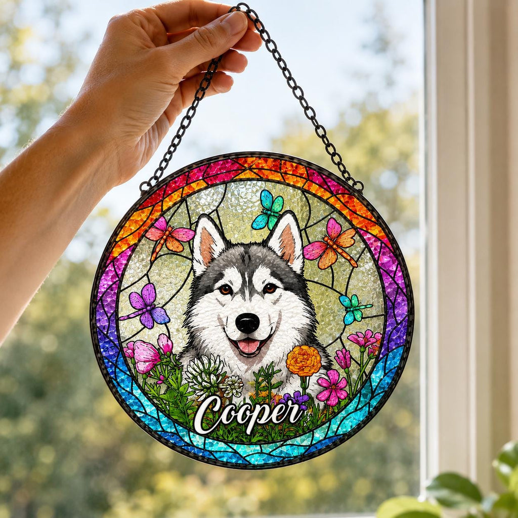 Personalized Dog Portrait Stained Glass Suncatcher, Custom Pet Memorial Stained Glass Photo Suncatcher, Dog Loss Keepsake, Pet Loss Gift