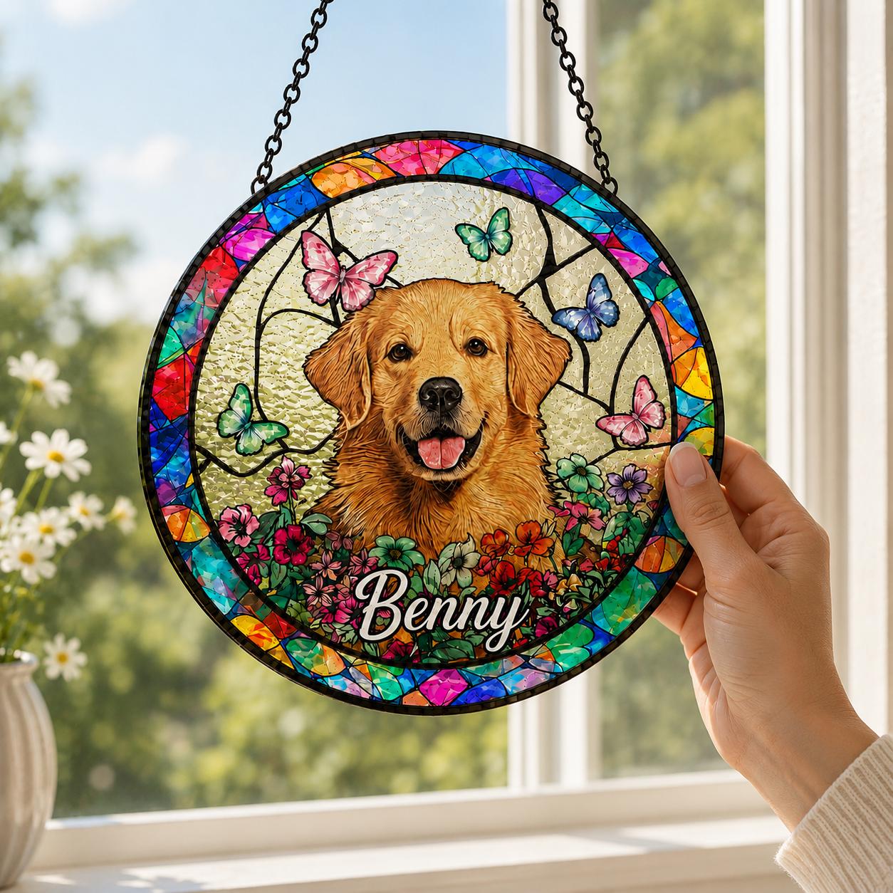 Personalized Pet Portrait Glass Suncatcher, Pet Memorial Gift, Dog Portrait From Photo Suncatcher, Loss Of Pet Gift, Pet Sympathy Gift