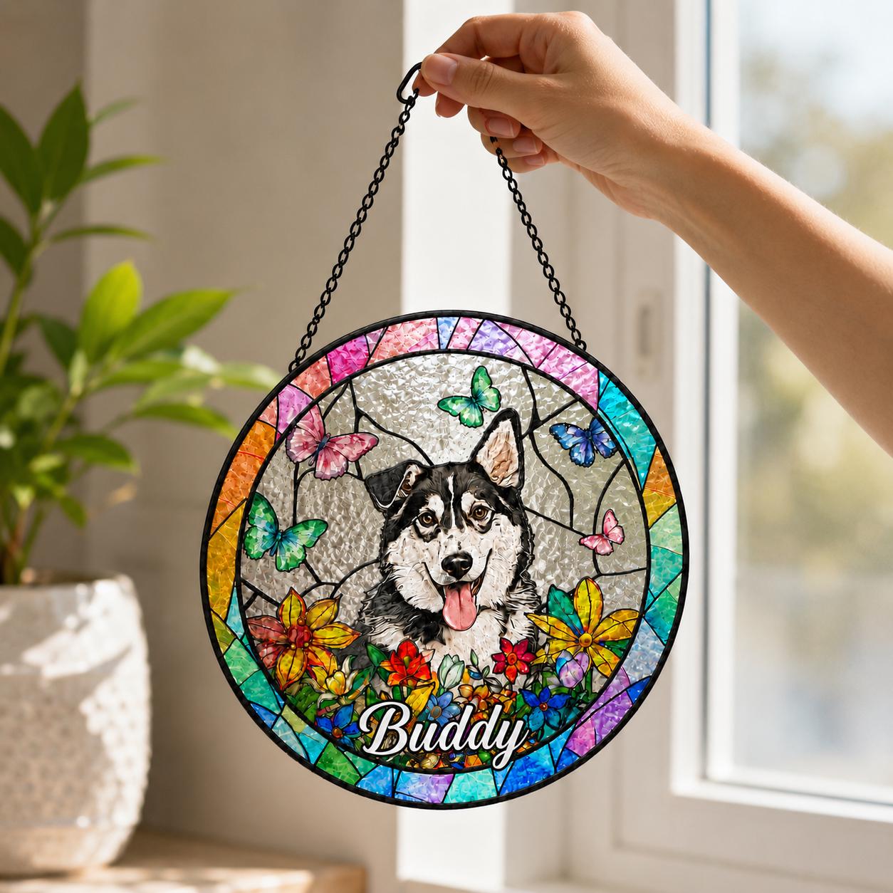 Personalized Dog Portrait Stained Glass Suncatcher, Custom Pet Memorial Stained Glass Photo Suncatcher, Dog Loss Keepsake, Pet Loss Gift
