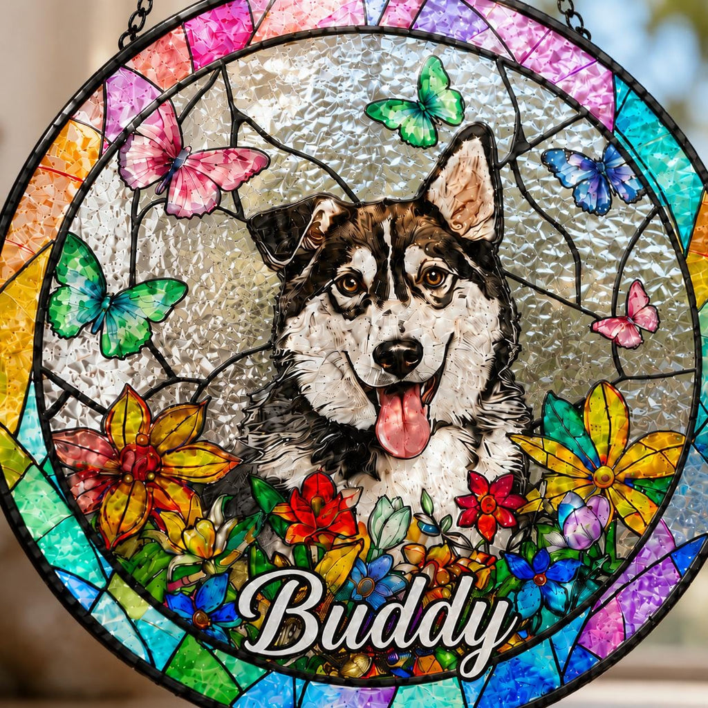 Personalized Dog Portrait Stained Glass Suncatcher, Custom Pet Memorial Stained Glass Photo Suncatcher, Dog Loss Keepsake, Pet Loss Gift