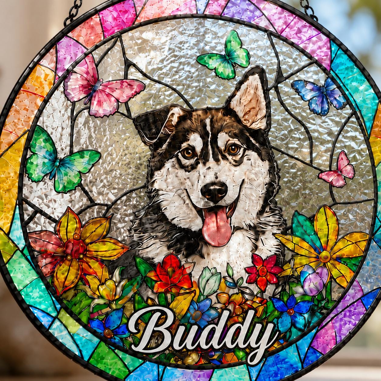 Personalized Dog Portrait Stained Glass Suncatcher, Custom Pet Memorial Stained Glass Photo Suncatcher, Dog Loss Keepsake, Pet Loss Gift