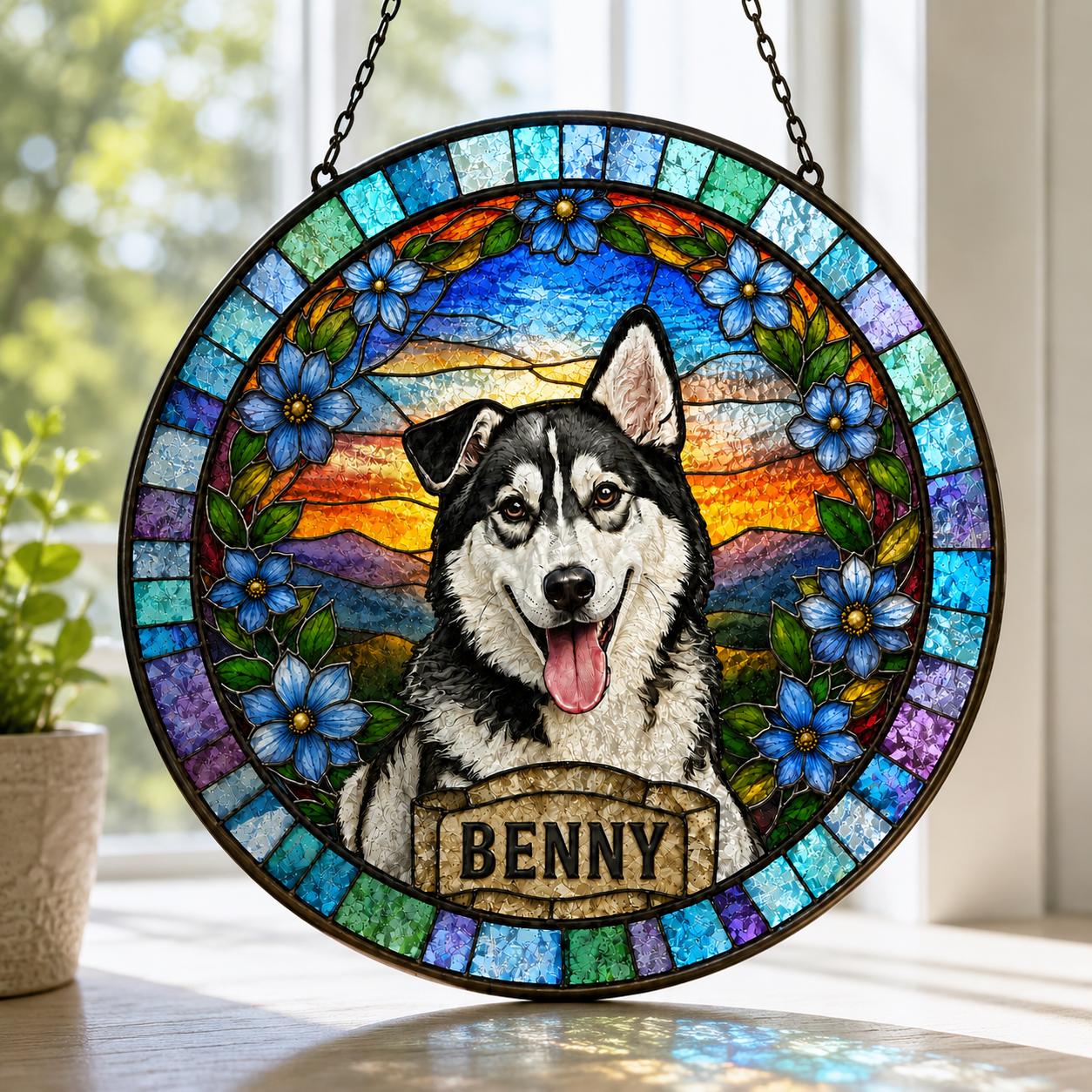 Custom Pet Portrait Stained Glass Suncatche, Dog SunCatcher Memorial, Dog Portrait Art Suncatcher, Personalized Pet Portrait