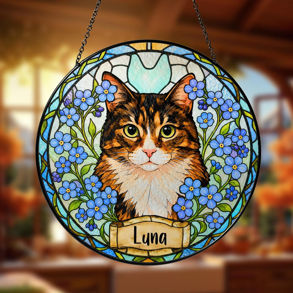 Custom Pet Portrait Birth Flower Stained Glass Suncatcher, Personalized Pet Memorial Gift, Birth Month Flower Dog Photo, Pet Loss Keepsake