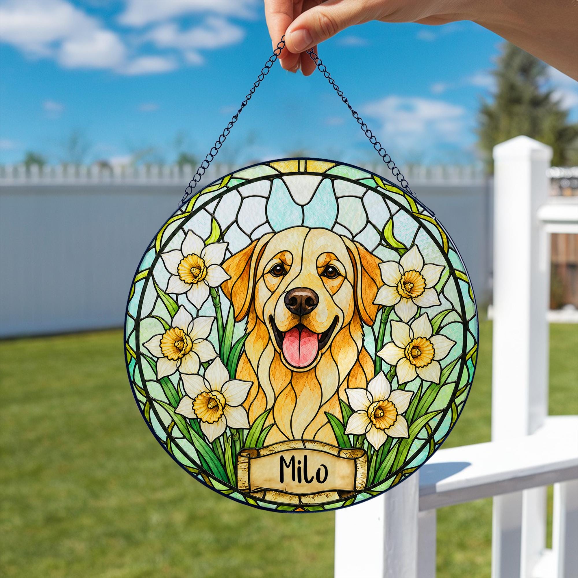 Custom Dog Portrait Birth Flower Stained Glass Suncatcher, Personalized Pet Memorial Gift, Birth Month Flower Dog Photo, Pet Loss Keepsake