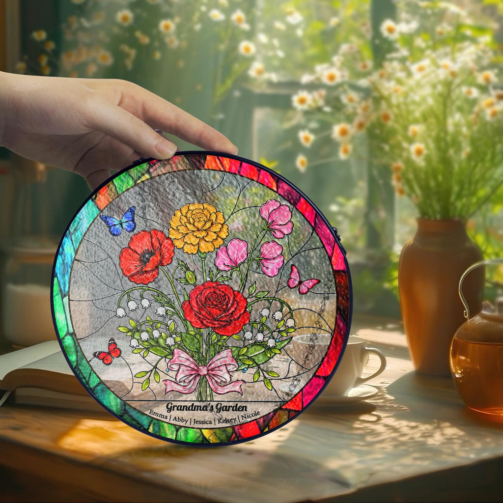 Personalized Birth Flower Stained Glass Suncatcher, Family Bouquet Window Hanging, Mothers Day Gift for Mom or Grandma