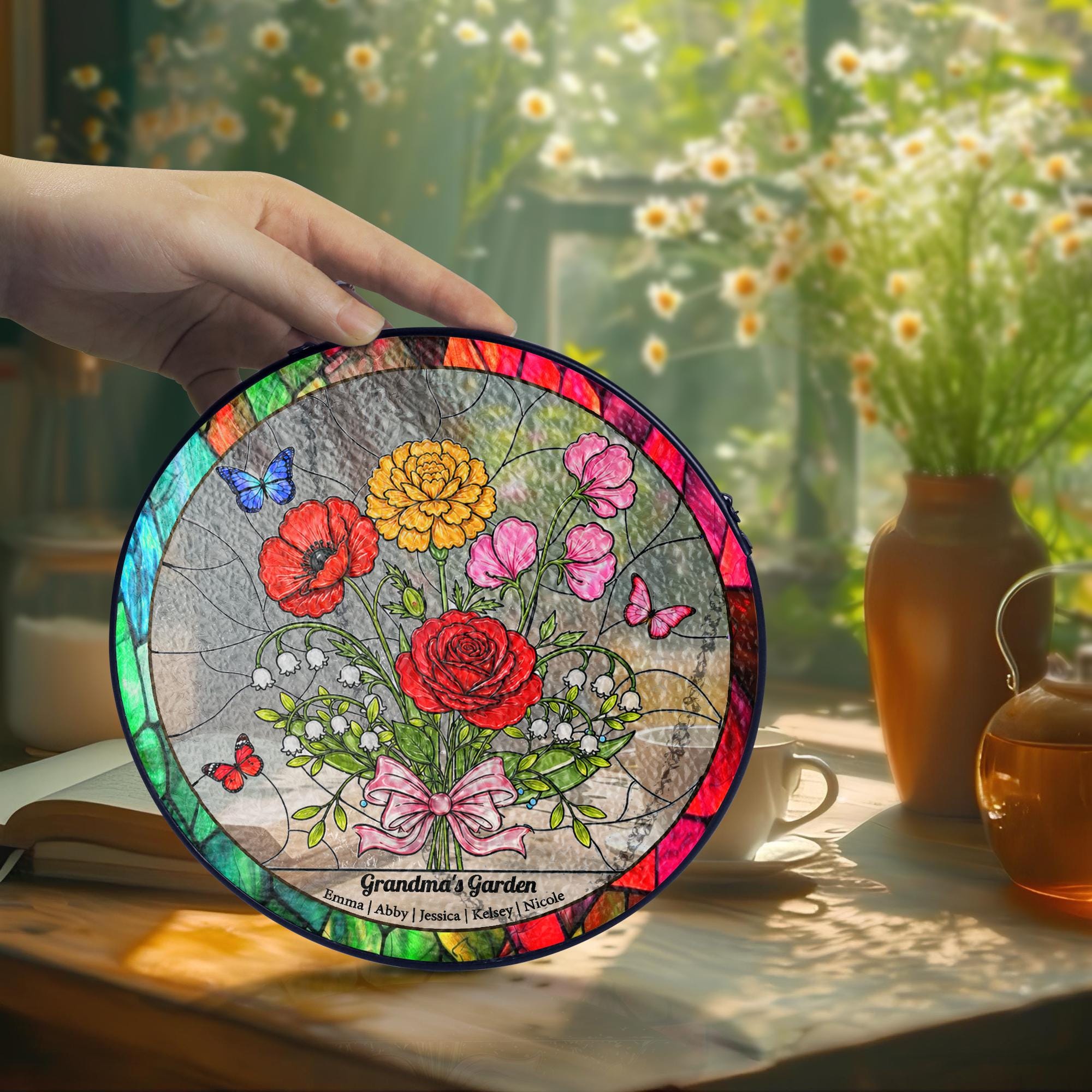 Personalized Birth Flower Stained Glass Suncatcher, Family Bouquet Window Hanging, Mothers Day Gift for Mom or Grandma