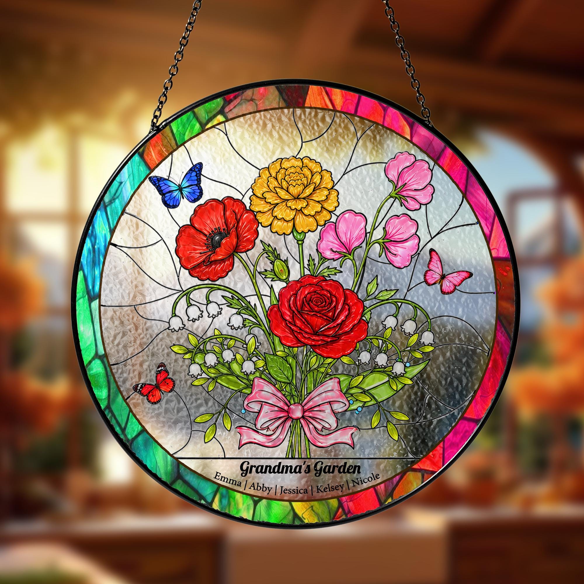 Personalized Birth Flower Stained Glass Suncatcher, Family Bouquet Window Hanging, Mothers Day Gift for Mom or Grandma