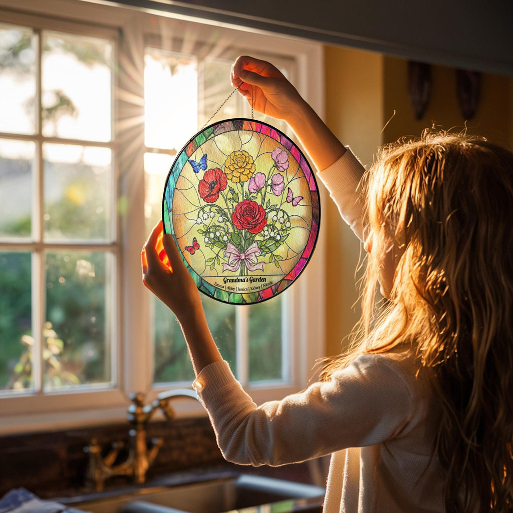 Personalized Birth Flower Stained Glass Suncatcher, Family Bouquet Window Hanging, Mothers Day Gift for Mom or Grandma