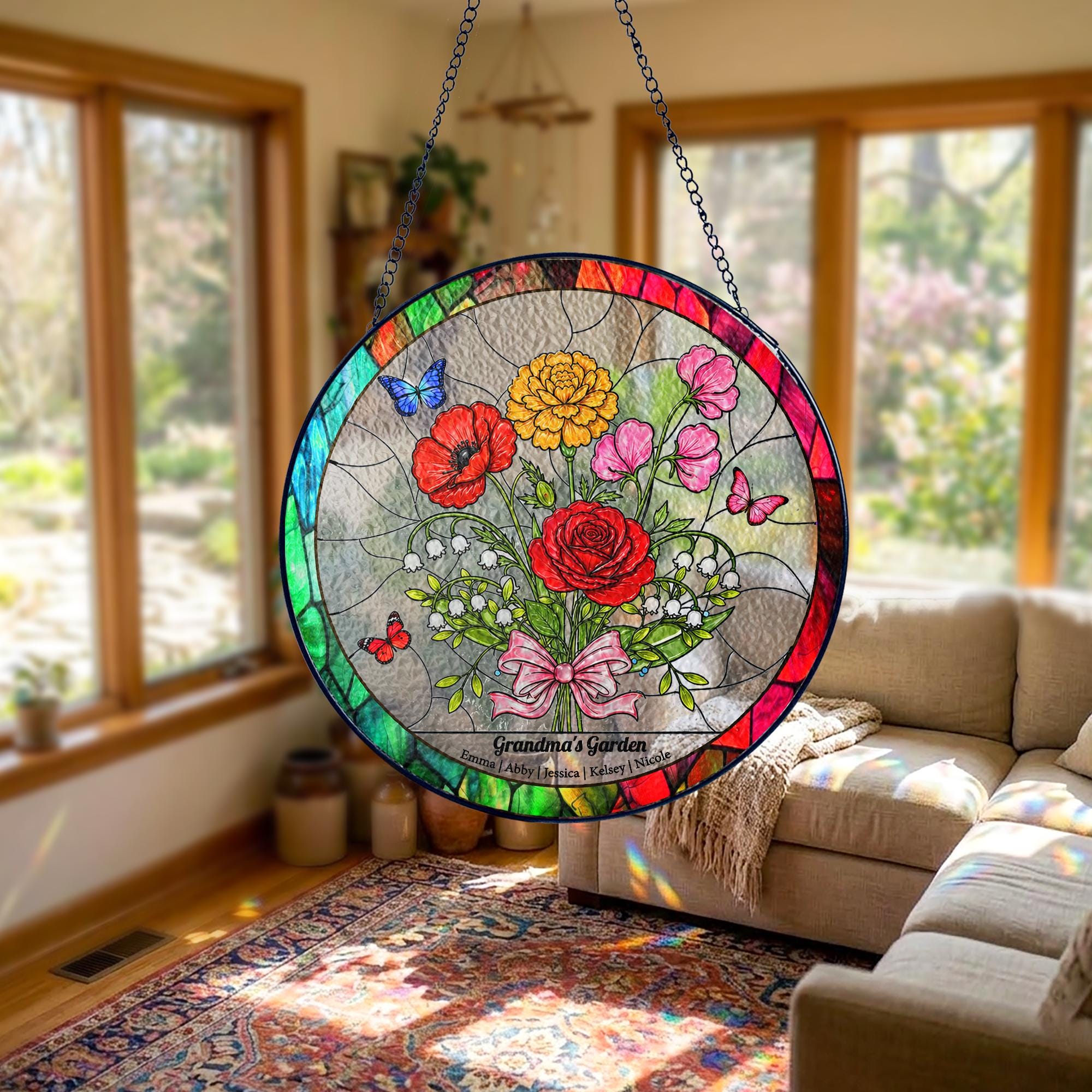 Personalized Birth Flower Stained Glass Suncatcher, Family Bouquet Window Hanging, Mothers Day Gift for Mom or Grandma