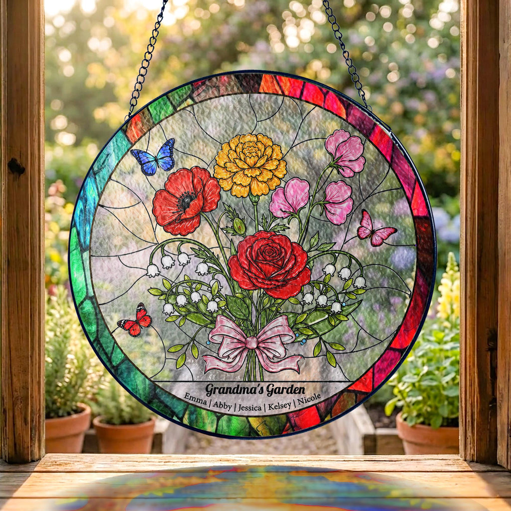 Personalized Birth Flower Stained Glass Suncatcher, Family Bouquet Window Hanging, Mothers Day Gift for Mom or Grandma