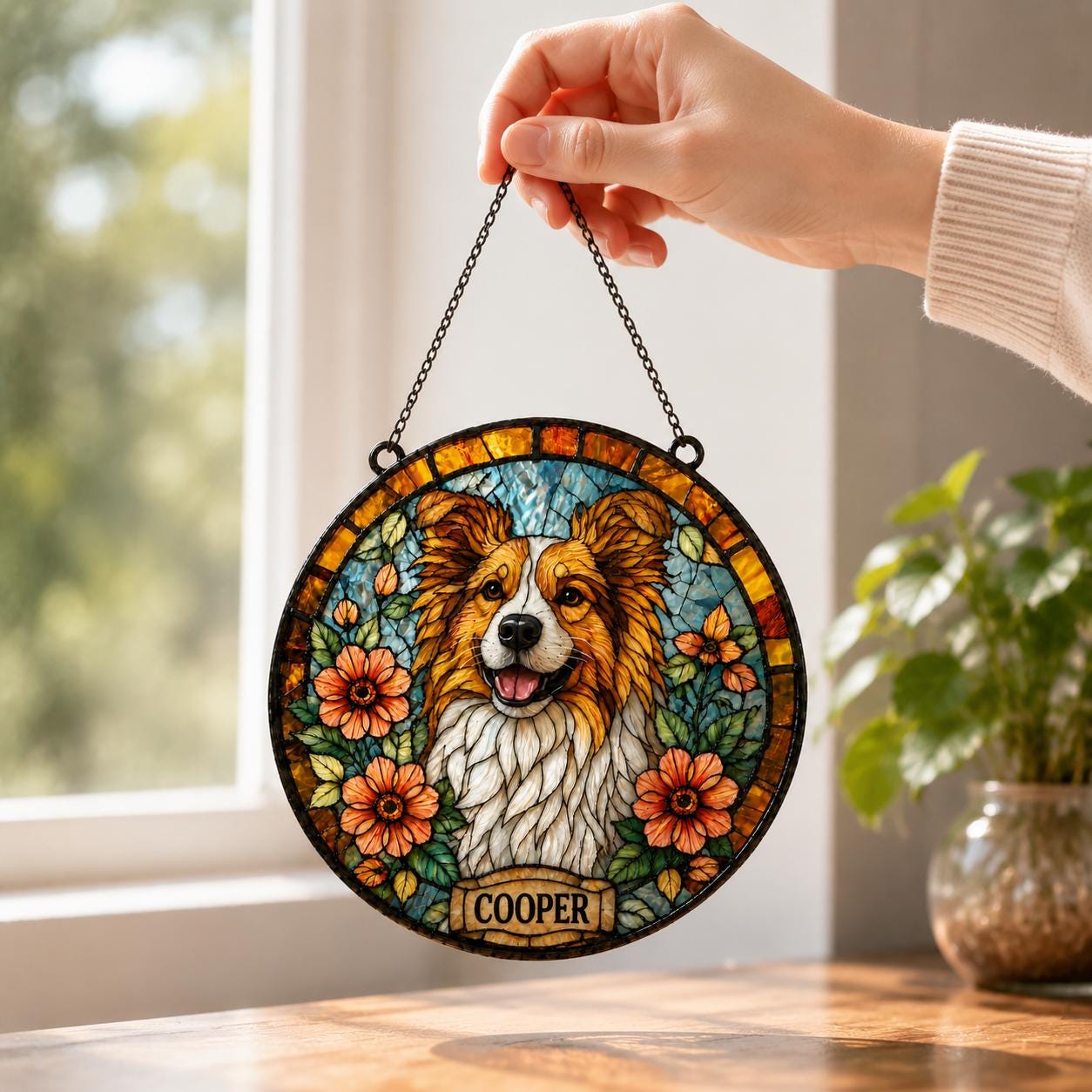 Custom Dog Portrait Stained Glass Suncatcher, Pet Memorial Stained Glass Photo Suncatcher, Dog Memorial Gift, Dog Loss, Pet Loss Gift