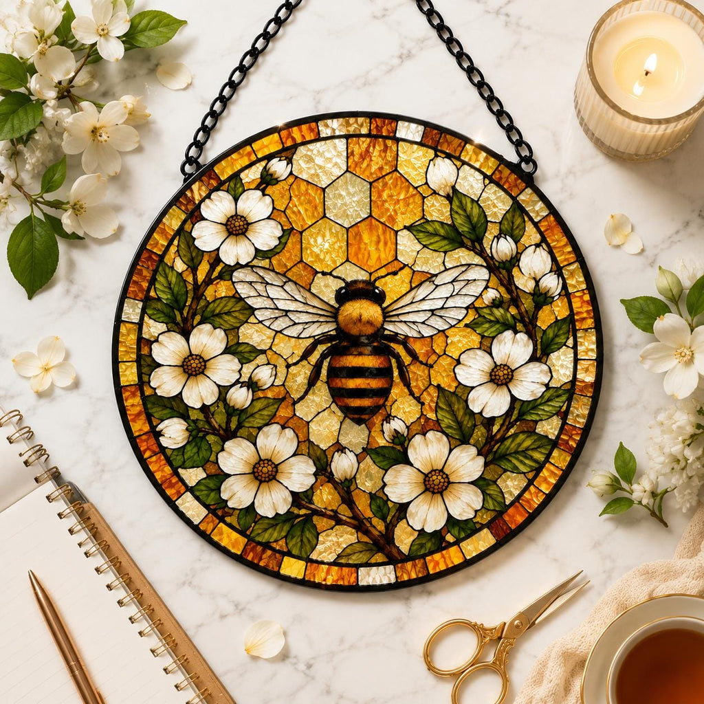 Bumble Bee Stained Glass Suncatcher, Bumble Bee Window Hangings, Honeybee Bee Garden Art, Mother's Day Gift, Grandma Bee Gift