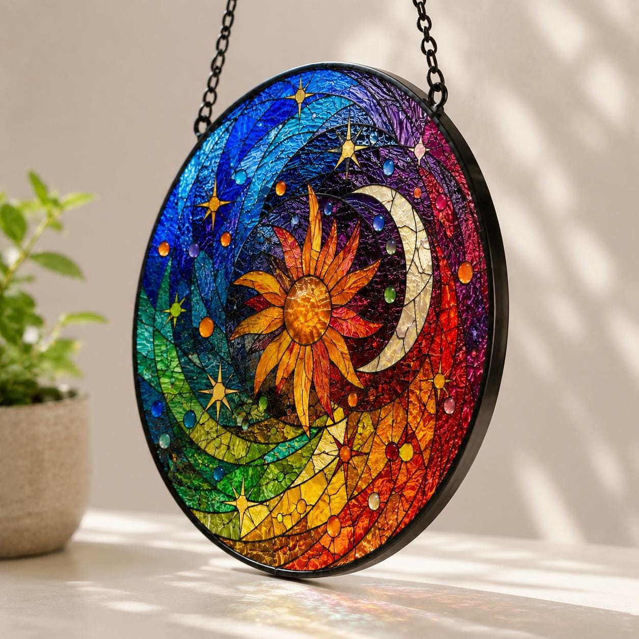 Celestial Stained Glass Suncatcher, Sun Moon Star Window Hanging, Rainbow Glass Art, Boho Decor, Birthday Gift for Mom, Celestial Decor
