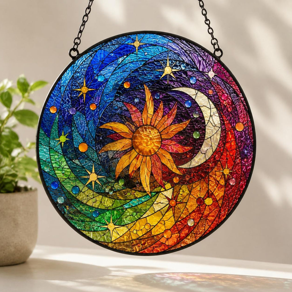 Celestial Stained Glass Suncatcher, Sun Moon Star Window Hanging, Rainbow Glass Art, Boho Decor, Birthday Gift for Mom, Celestial Decor